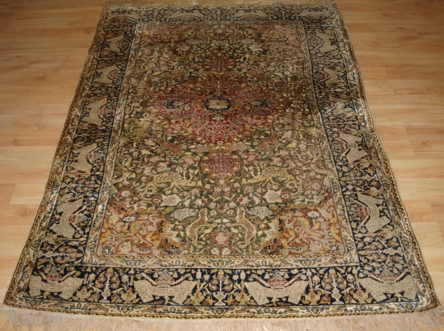 Antique Anatolian Kayseri pictorial silk rug with 'hunting' design. www.knightsantiques.co.uk 

Circa 1890.

A beautiful rug or wall hanging, silk on a 'Manchester' cotton foundation.

Outstanding drawing and design with wonderful old colours, the rug  ...