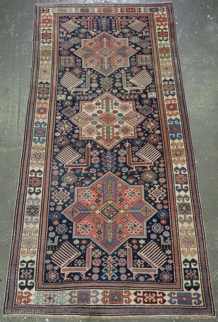 Antique Caucasian Akstafa long rug with three star medallions and eight large peacocks.
www.knightsantiques.co.uk
Circa 1880.
Size: 8ft 6in x 4ft 0in (259 x 123cm).
This is a good example of a well known group of  ...