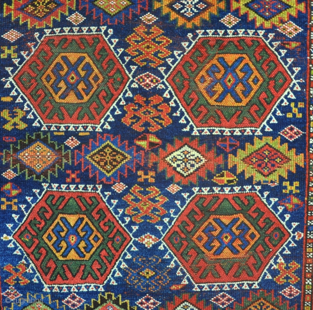 An antique Sanjabi kurd rug, nicely made with good dyes and wool. Very honest condition with no repair, mainly in pile, low in places just starting to show a little foundation, slight  ...