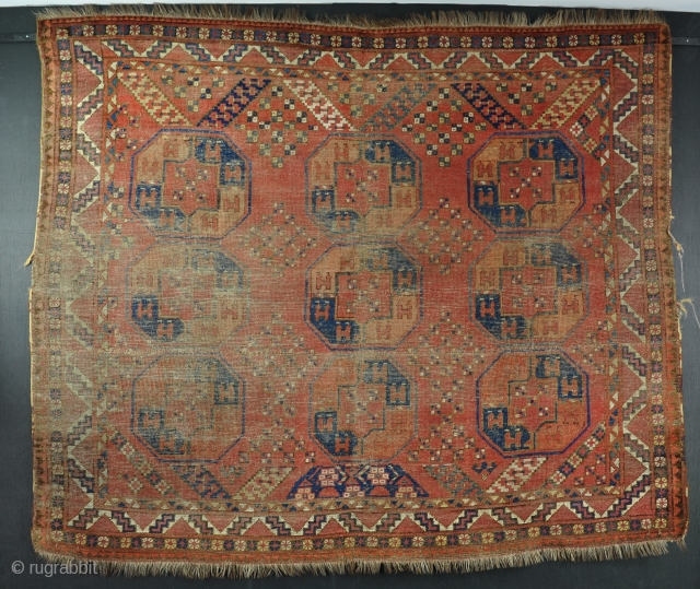 An unusual Ersari main carpet fragment. Worn, cut and dirty, but interesting! 19th century 146 x 173 cm               