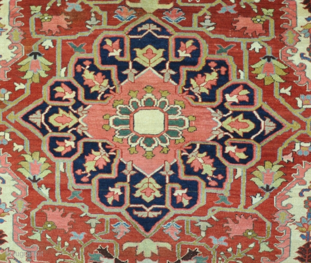 Good Heriz rug, scarce small format, finely made with good wool and soft dyes. Side cords replaced, very slight corrosion here ant there otherwise excellent original condition. Quite beautiful actually. Circa 1900.  ...