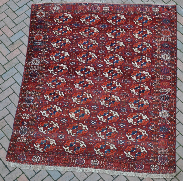 A good antique Tekke main, finly made with good color. a few small losses and repairs, but nothing major. Clean and floor ready. Mid 19th century, about 10 x 7 ft.  
