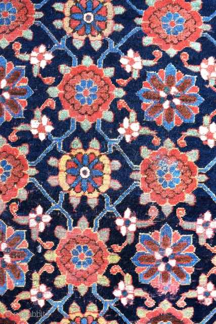 A very rare South West Persian Khamseh carpet fragment, super fine weave with a perfect rendition of the Mina Khani design we normally see on Kurdish rugs. The border is unique in  ...