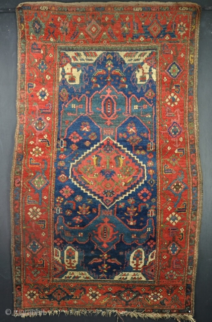 An antique all wool Kurdish rug with good dyes in full pile, just fraying on one end. Absolutly filthy! 30 minutes of vacuuming made no difference, hence VERY cheap price! late 19th  ...