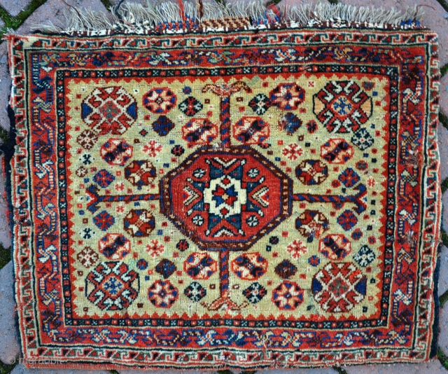 Fine antique Qasgai bag complete with back on rare green ground. some small moth holes, needs a bath, but a very pretty example of a rare type. Circa 1870. 50x42cm   
