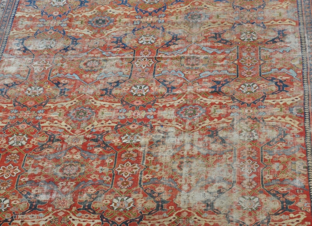 A massive antique Mahal carpet in "as found" condition with many problems. Lovely deisgn and soft color pallete. Good for a brave restorer or for a classic english country house look. White  ...