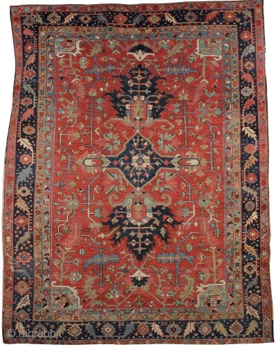 A good antique Heriz carpet of high quality, with unusual design and excellent color. Very good condition. About 10' x 8'. Late 19th century.         