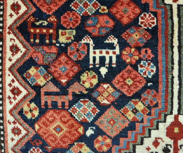 Antique Khamseh runner of very high quality with good wool and dyes in high pile. a few spots of local moth, one or two tiny reweaves. Original kilims  ends and sides,  ...