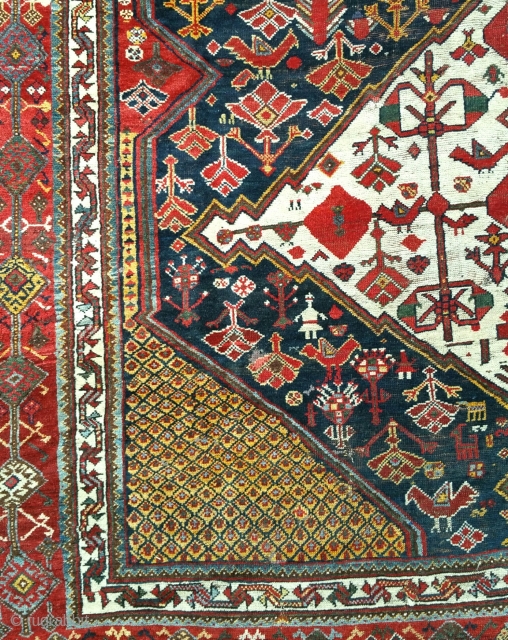 A good antique Khamseh carpet of large proportion. Lots of moth damage on one side, hence great for a restorer. Now deep cleaned and free from the little buggers! 13x5ft. Circa 1880. 