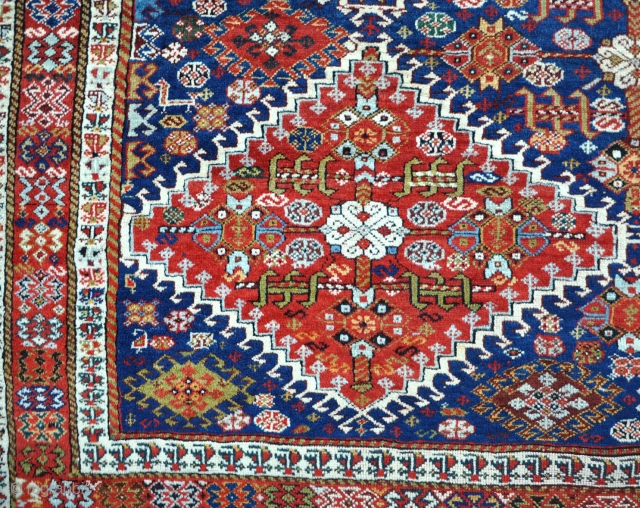 A very fine antique qasgai rug with beautiful wool and dyes. Mostly in good original condition, some minor restoration to sides, few small local repairs of high quality, good format and a  ...