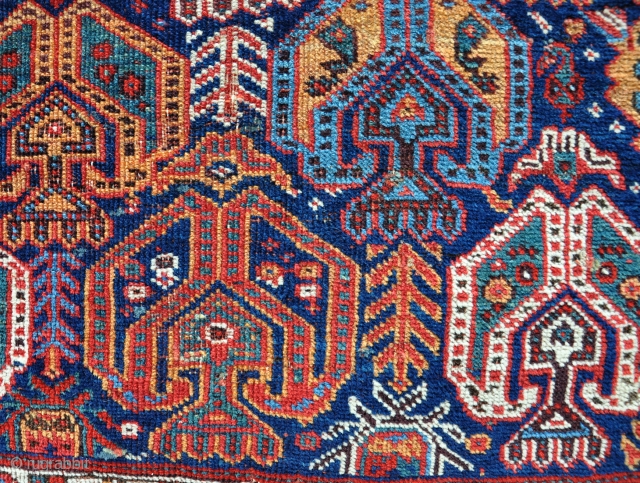 An antique all wool Afshar bag face with good dyes and strong graphic quality. Nibbled around edges, but in pile. Circa 1880. 70cm x 40cm        