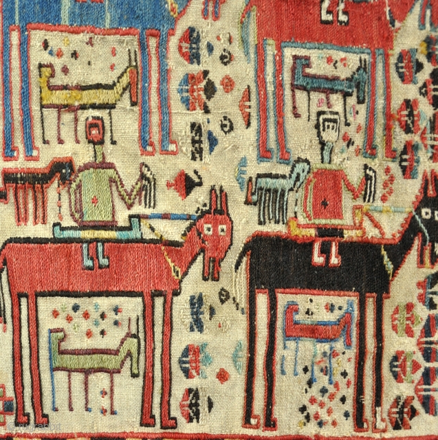 Antique Shassavan fragment, with expressive drawing. Some fuchsine otherwise gorgeous colours. 75x60cm. Circa 1875                   