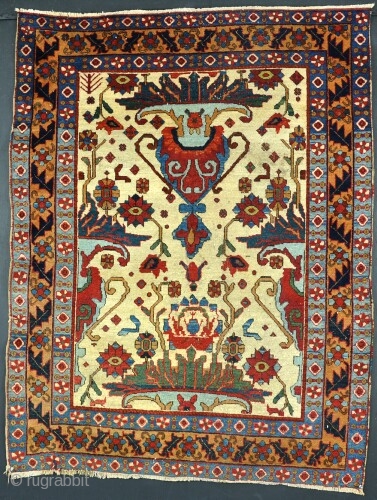 An old Afshar rug with beautiful colours, scale and drawing. Woven on cotton, hence date. Original selveges worn, pile low in places, one or two little cuts an little repairs, but generally  ...