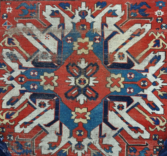 A good antique Eagle (Chelebered) Kazak rug with natural dyes and crisp drawing. worn,dirty, but untouched with its ends and sides, so suitable for a restorer. 19th century,     