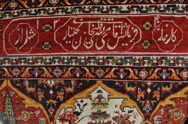 A Bahktitari "Khan" carpet with exceptional dyes and of unusualy large size. Pretty much full pile allover, minor old repiling of high quality, very dusty. Circa 1900. 496 x 313 cm.  