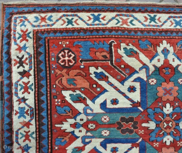 Super-fine eagle Kazak with unusual colour pallete  and very unusual border. Has great wool and all vegative dyes. Mostly in good pile, down to the knot collars in places. 237x122cm Circa  ...