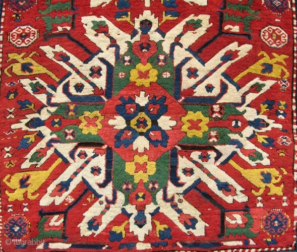 A very good Chelebered (Eagle) kazak with fantastic wool and great dyes. Selveges replaced, a few exceptional repairs, but mainly in very thick pile. About 1875.       