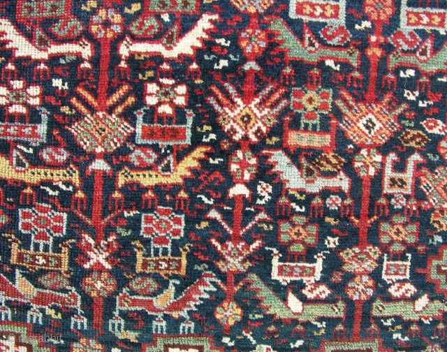An antique Khamseh bird rug. Many funky birds and naivly drawn border Generaly in good condition with no repair and decent dyes. Late 19th century.        