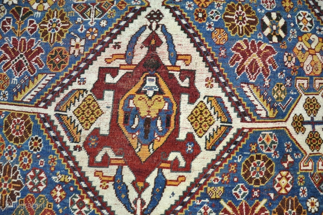 An antique Qasgai carpet with sky blue ground. 19th century.                       