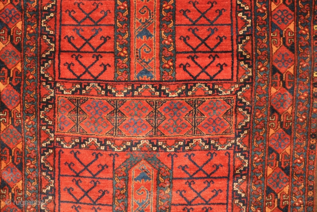 An antique Ersari Ensi with exceptionally thick pile and rich colours. slight loss to one corner two thumb nail sized repairs otherwise in amazing condition even retaining its hanging straps. 19th century.  ...