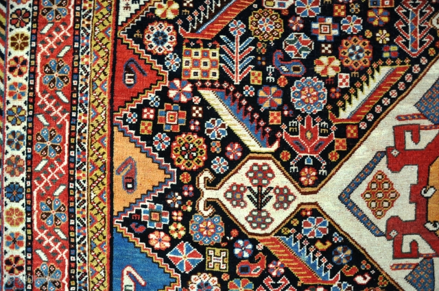 Very fine Qasgai rug with choice colours, unusual border and squareish proportions. a few very small well done repairs, slightly thinning in middle but mainly in good pile with its original ends  ...