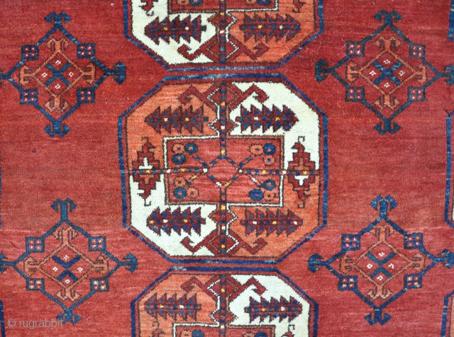 Ersari main carpet with well drawn guls and beautiful ground colour. A few damaged areas that need stabalizing, but basicaly in good shape. A good project for a restorer... Late 19th century. 