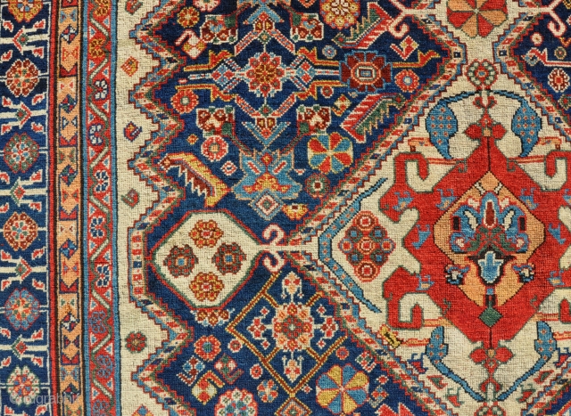 A very good antique Qasgai carpet. Great wool and colour, bigger than usual and beautifully drawn. Mainly in full pile, small amount of top flight repiling to frayed end, otherwise original condition.  ...