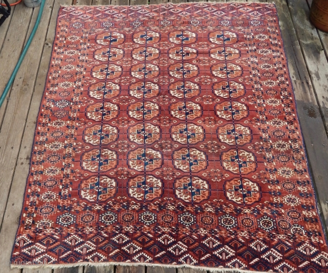       
  19TH CENT   TEKKE MAIN CARPET 5x6 ft. 2small reweaves 1x1/2 1n.MAHOGANY FIELD NOT RED.ex cond.
      
   ...