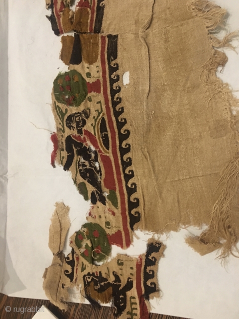 Long, narrow Coptic textile fragment with well defined figure and spotted animal....great color.                    