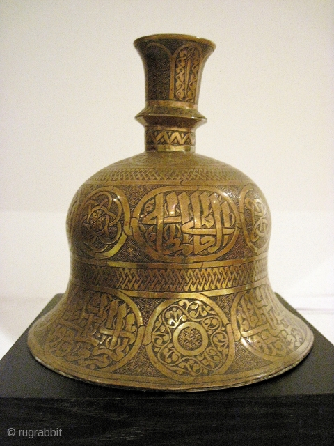 Mamluk revival hookah base (or possibly candle holder?), in brass, 19th C., Egypt or Syria. Elaborately and elegantly hand decorated.             