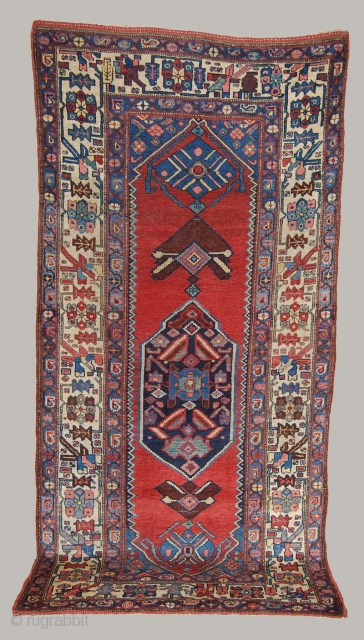 4.2 x 8.8   Antique Bidjar rug, circa 1900, with powerful graphics and an appealing ivory border. Please inquire regarding condition and price.         