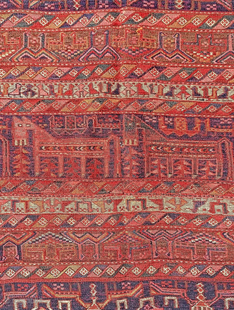 Luri people / Central-western Persia ( Iran ).
Late 19th century.
Bag face woven using the soumak technique and featuring a knotted panel at the bottom edge, this piece was one of the large ...