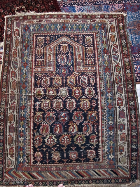 Shirvan Marsali Prayer rug. Pretty with wear and other stress factors. Partial break in 
center, and missing some pile mostly in lower border. Nice drawing.        