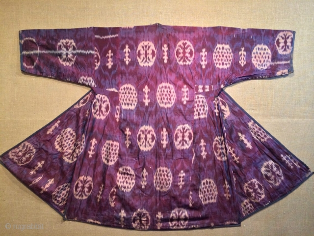 19th cent excellent Uzbek silk on silk ikat chapan, beautiful colours and perfect condition.                   