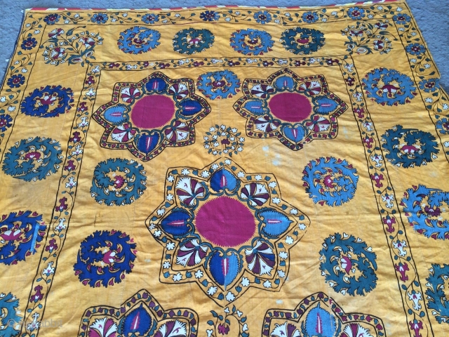 Late 19th cent Uzbek Suzani. Beautiful natural colours and spectacular stitches. Good condition, the size is: 220cm by 170cm.              