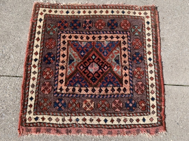 Persian Jaf Kurd bag face, late 19th century, 1-10 x 1-11 (56 x 58), rug was hand washed, good condition, good pile, nice purple border, browns oxidized, plus shipping.    