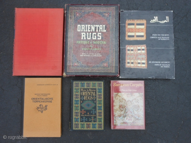 6 Oriental Rug Books, good condition: Oriental Rugs Antique & Modern by Walter A. Hawley, 1937, dust jacket and slip case, English. Oriental & Occidental Rugs by Rosa Belle Holt, 1937, English.  ...