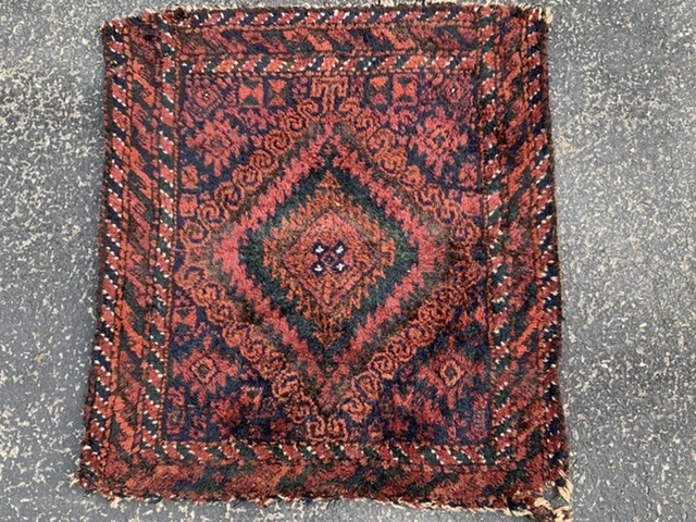 Persian Baluch Mushwani bag face, late 19th century, 1-11 x 2-2 (58 x 66), rug was hand washed, minor end loss, fantastic dark green, 2 small moth damage, good pile, plus shipping. 