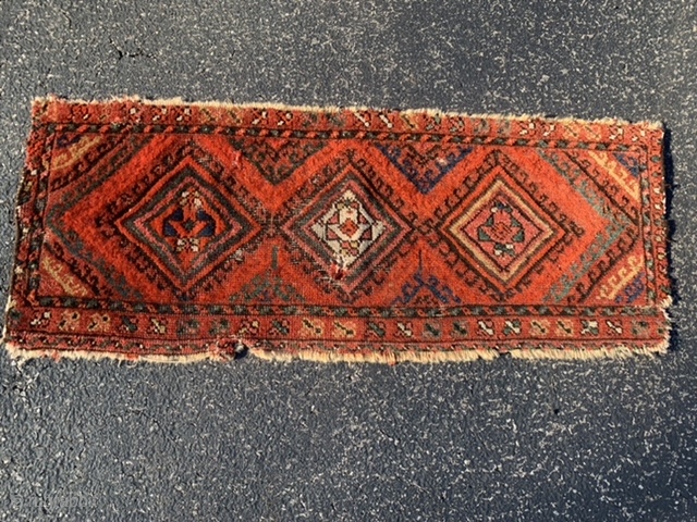 Ersari Turkoman Torba, early 20th century, 1-6 x 3-6 (46 x 107), rug was hand washed, 4 small holes, wear, end loss, good handle, blacks oxidized, nice dark green, plus shipping.  