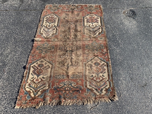 Persian Koliyai fragment, late 19th century, 3-5 x 5-6 (104 x 168), rug was hand washed, worn, holes, small faded white stain (pic), 
Fragment of large carpet, plus shipping.    