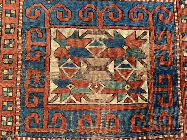 Caucasian Kazak Karatchoph/Bordjalou, late 19th century, 4-8 x 7-2 (142 x 218), rug was hand washed, browns oxidized, worn, original side bindings, one end original braiding, original ends, nice colors, super green,  ...