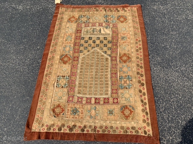 Greek Embroidery, late 19th century, 3-2 x 4-7 (97 x 140), prayer design, missing small area, mounted on linen, panels need to be sewn secure, plus shipping.      
