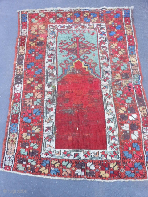 Turkish Konya Prayer Rug, Mid 19th century, 3-3 x 4-7 (.99 x 1.40), wear, oxidation, missing bottom guard border, missing half of top guard border, old repairs, rug was hand washed, plus  ...