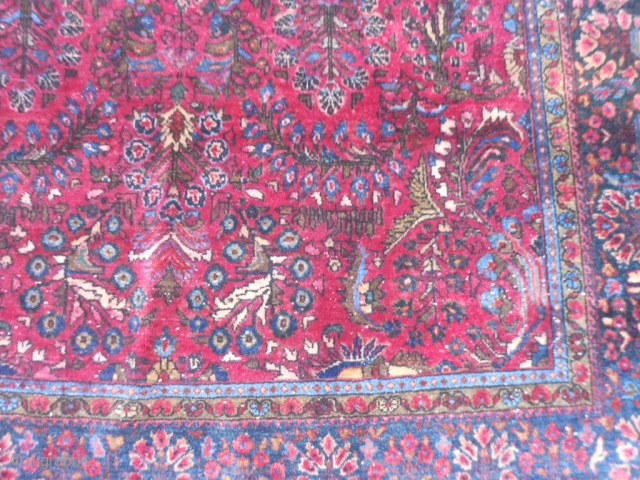 Persian Sarouk, 4-3 x 6-2 (1.29 x 1.88), circa 1920, good pile, good condition, fine weave, "painted", minor ends loss, I washed this rug, white knots in pile,
plus shipping.    