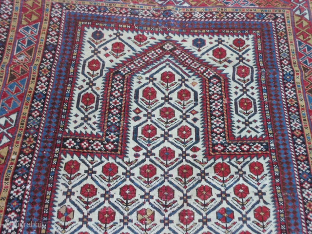 Caucasian Daghestan Prayer rug, late 19th century, 3-11 x 4-8 (1.19 x 1.42), original ends with knotted fringe, original edges, good condition, 2 small creases, browns oxidized, I washed this rug, two  ...