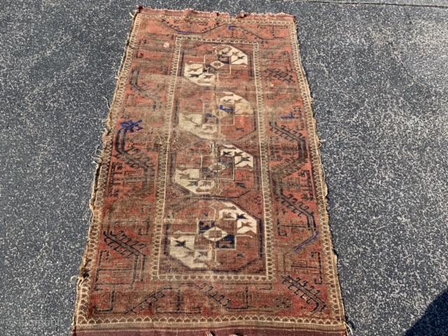 Persian Baluch, mid 19th century, 2-10 x 4-10 (86 x 147),  rug was hand washed, partial kilim ends, great Aubergine in rug and kilim, hole in middle, wear, Turkoman Guls, browns  ...