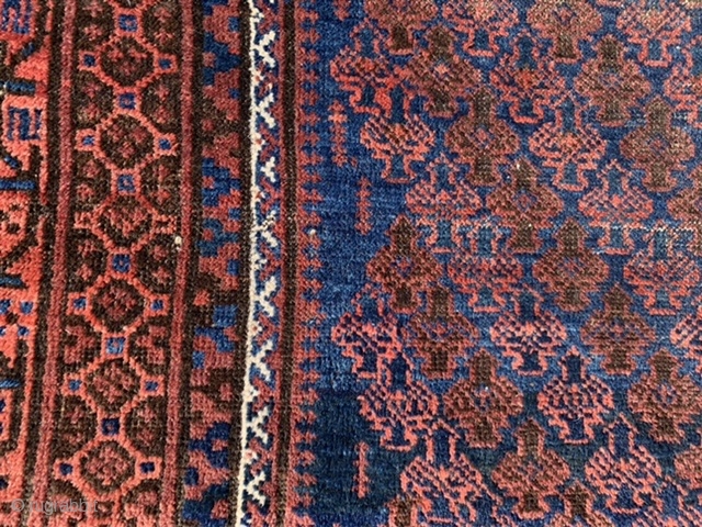 Persian Timuri Baluch, late 19th century, 3-4 x 4-11 (102 x 150), hand washed, browns oxidized, wear, super blue, partial kilim ends, overcast, ask for high definition pics, plus shipping.   