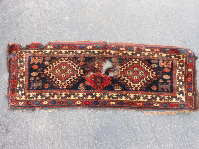 Persian Veramin, late 19th century, 1-4 x 3-7 (.41 x 1.09). lots of moth damage, hand washed, no moths, no rot, damage only where moths were (holes), strong rug base and pile,  ...