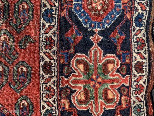 Persian Qashqai, late 19th century, 4-4 x 6-6 (132 x 198), rug was hand washed, wear, floppy handle, both ends have part of original kilim, slit one end sewn up. one end  ...