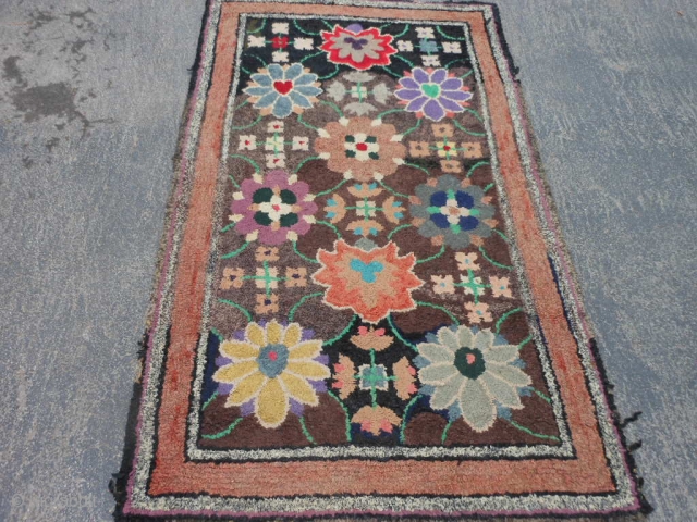 American Hooked Rug, circa 1900, 3-9 x 6-6, edges need some work (binding), good condition,has some weak areas in foundation, cotton and wool fabric, needs a wash.      